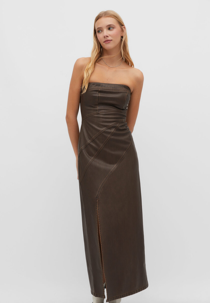 Leather effect bandeau dress with seam details