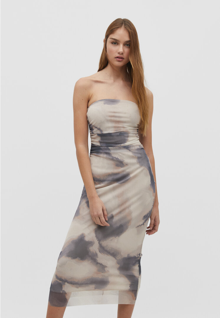 

Stradivarius Tüll-Midikleid mit Print Grau M