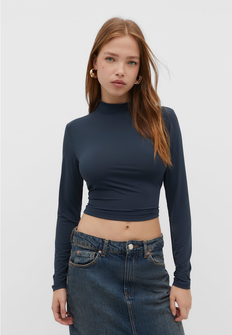 Stradivarius Shirt mit Stehkragen Petrol L