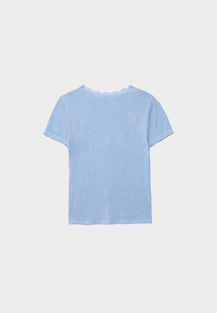 Stradivarius Seamless Rib V Neck Tee With Lace Trim In Baby Blue for Women