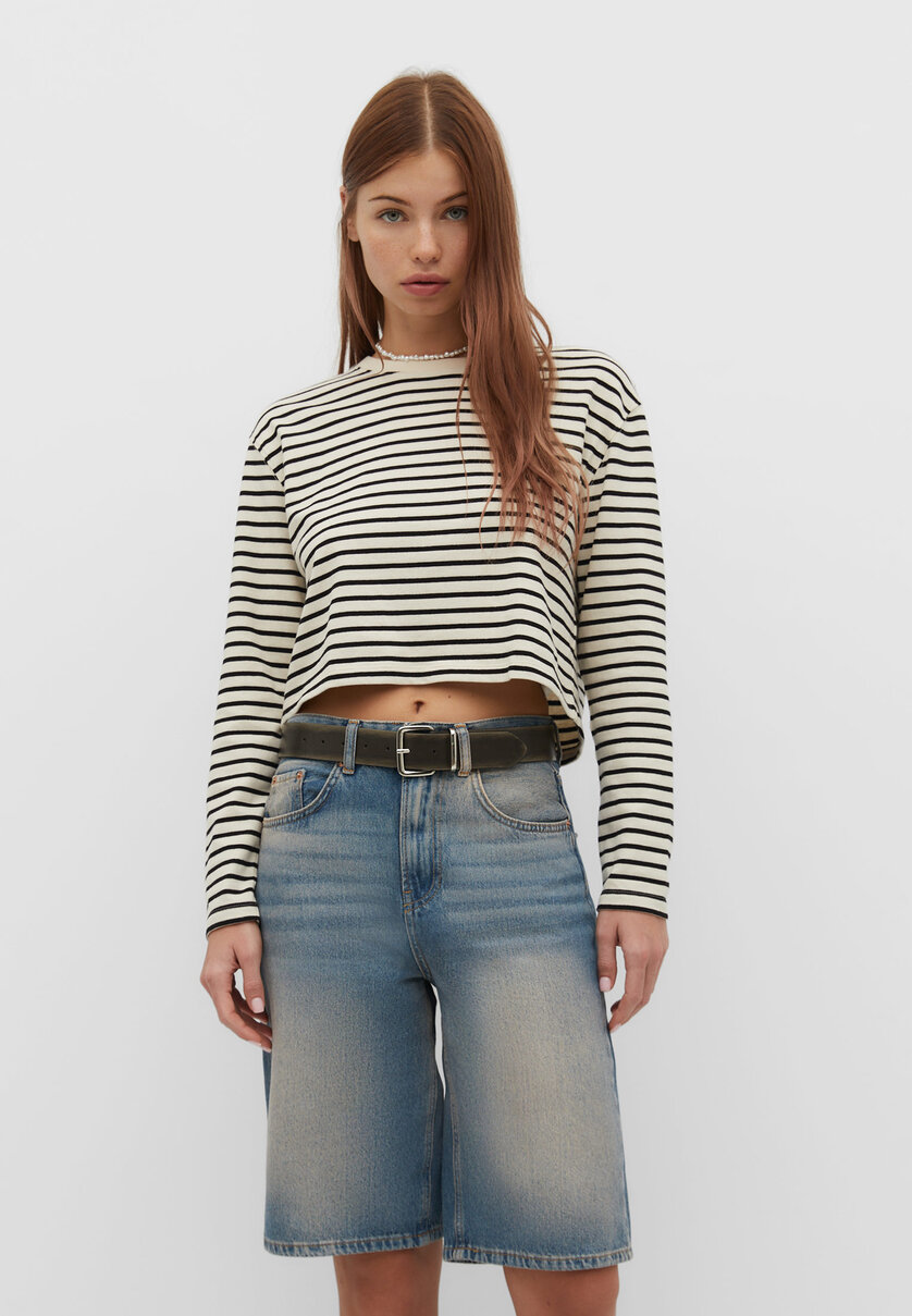 Cropped cotton T-shirt with stripes