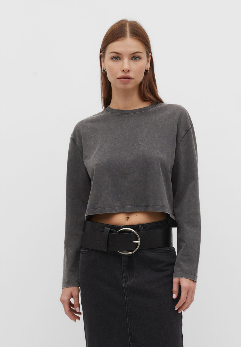 Faded-effect cotton cropped T-shirt