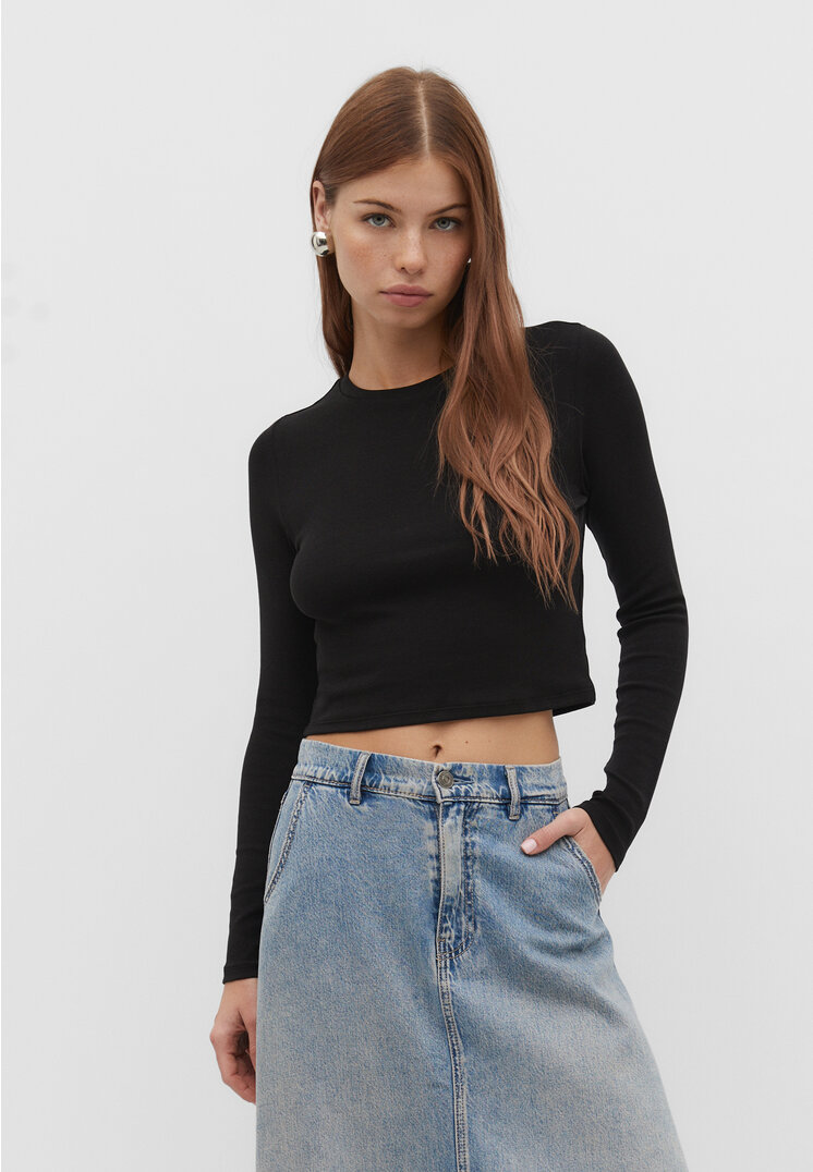 

Stradivarius Basic-Cropped-Shirt aus Baumwolle Schwarz XL