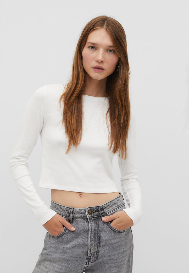 

Stradivarius Basic-Cropped-Shirt aus Baumwolle Weiß M