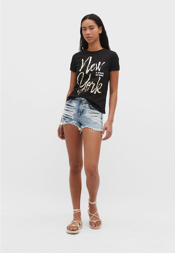 

Stradivarius Shirt mit Glitzer New York Schwarz M