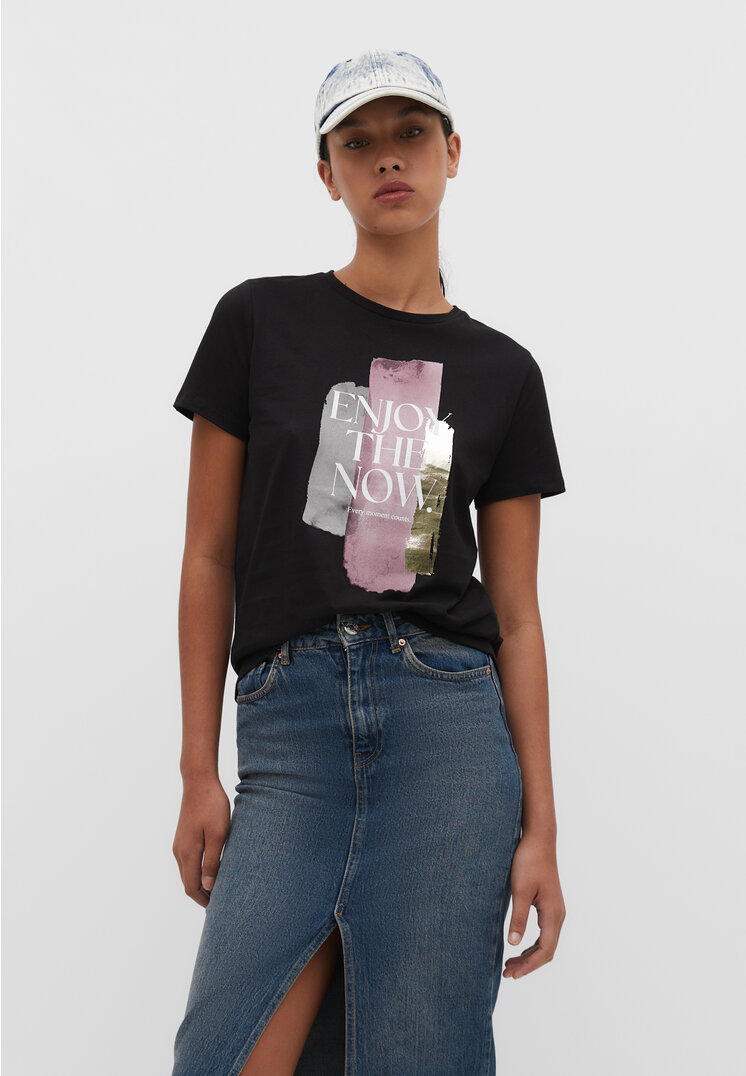 

Stradivarius Shirt mit Foliendruck und Motiv Schwarz M