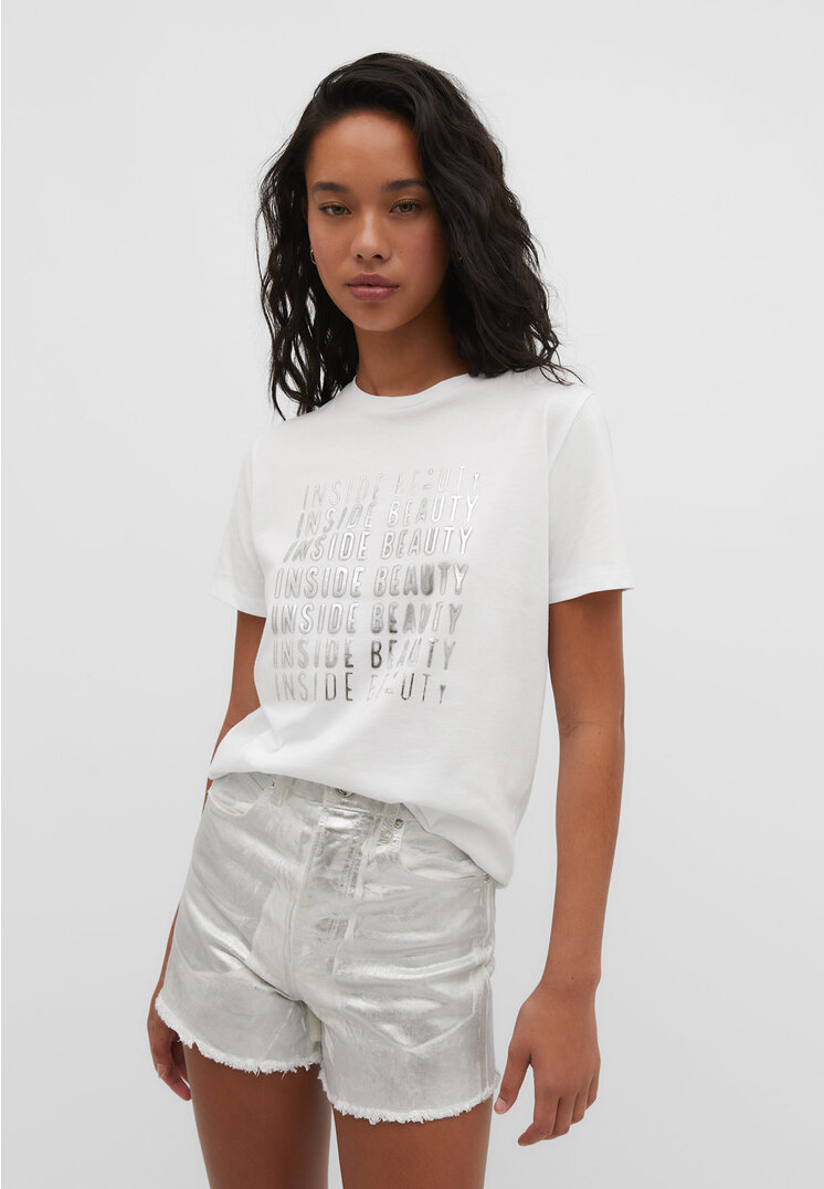 Stradivarius Shirt mit Foliendruck und Motiv Grau L