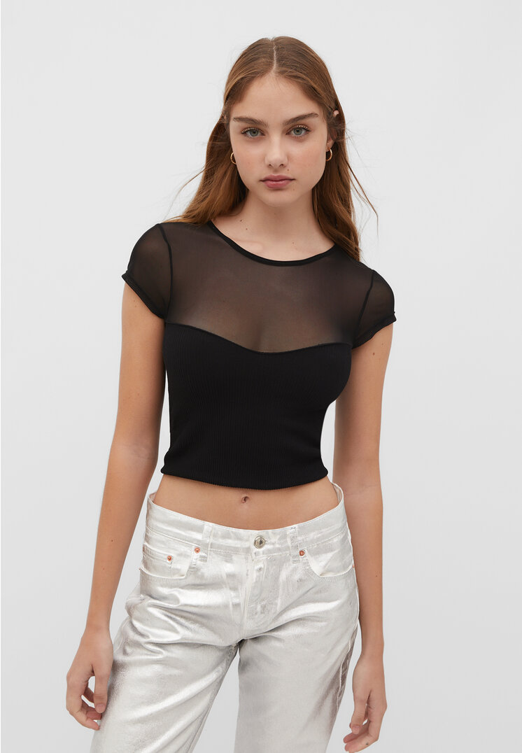 Stradivarius Nahtloses T-Shirt aus Kontraststoffen Schwarz S