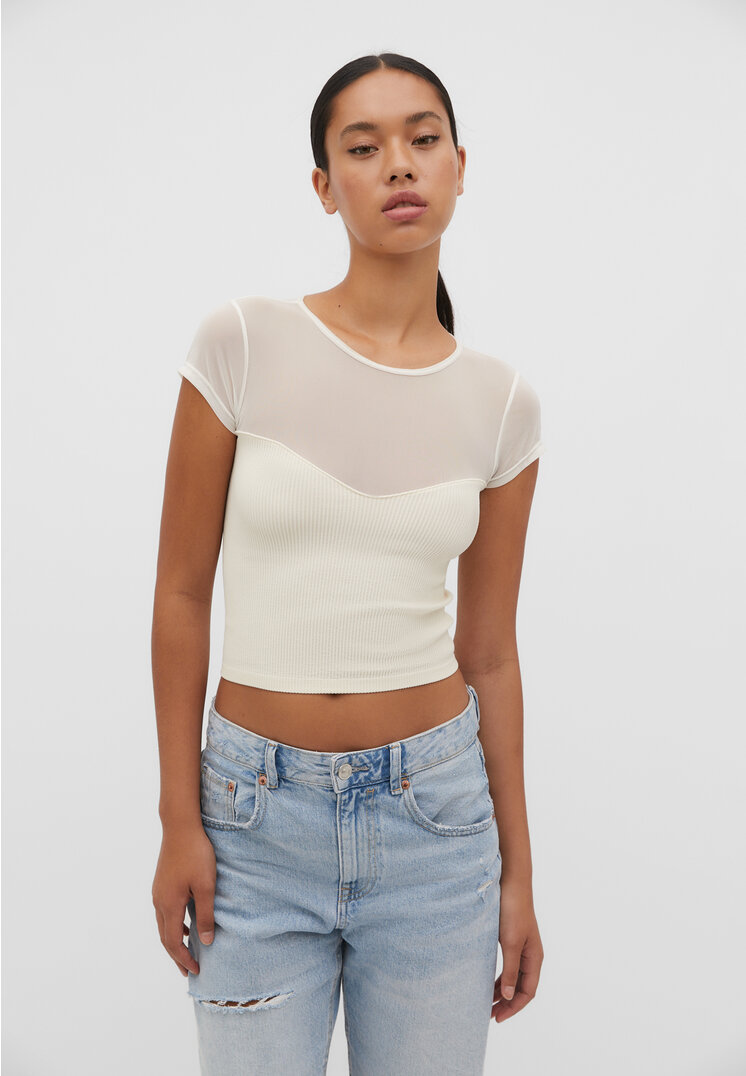 

Stradivarius Nahtloses T-Shirt aus Kontraststoffen Ecru S