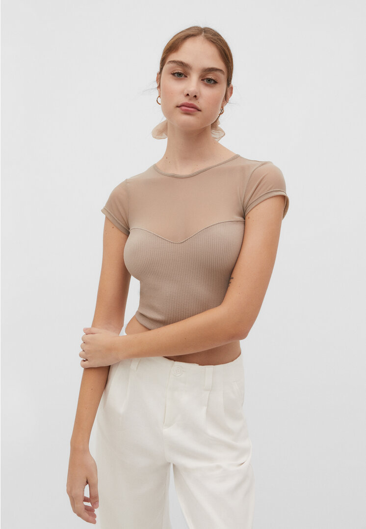 

Stradivarius Nahtloses T-Shirt aus Kontraststoffen Steingrau L