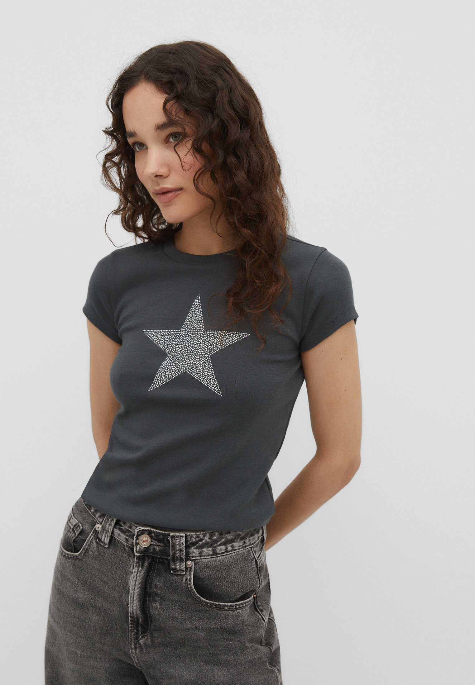 Rhinestone star T shirt Women s fashion Stradivarius United States