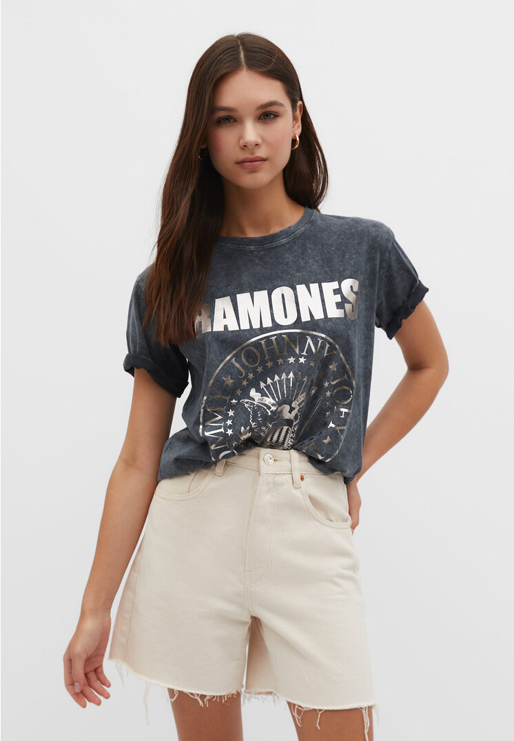 Stradivarius Ramones-Shirt mit Glitzer Graumeliert XS