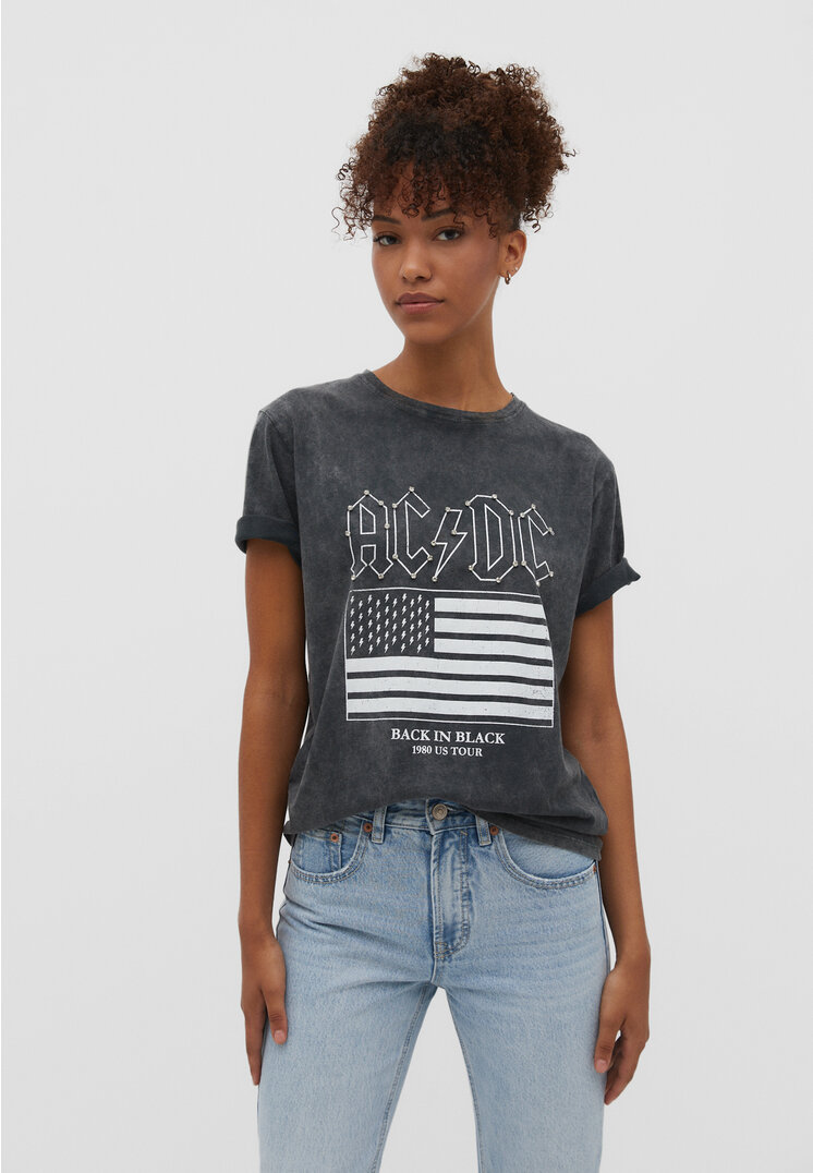 

Stradivarius Shirt mit ACDC-Lizenz und Strass Graumeliert S