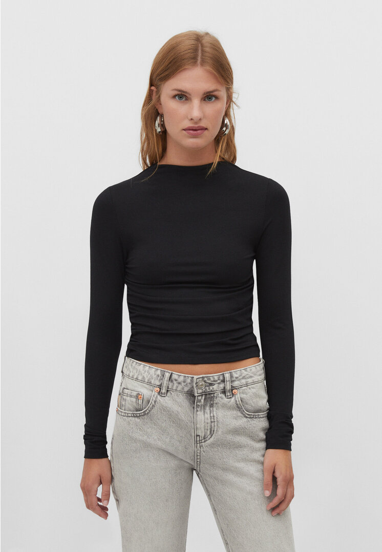 Stradivarius Shirt aus Viskose Gathering Schwarz S