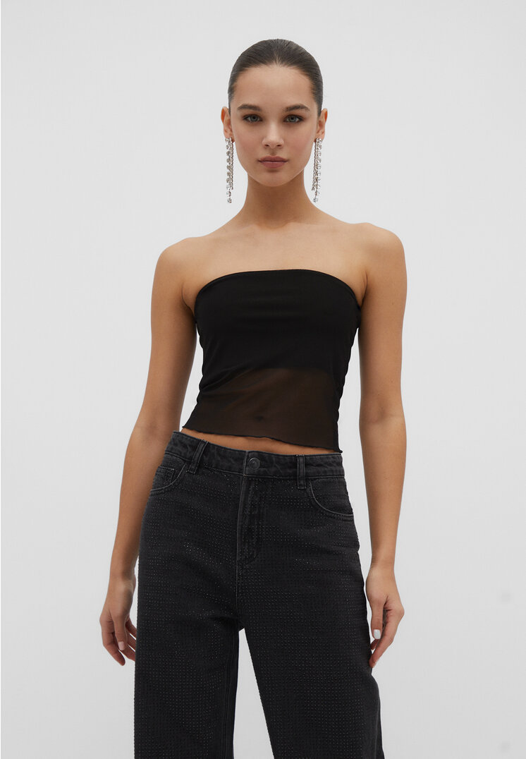 

Stradivarius Tiulowy top bez ramiączek Czarny S