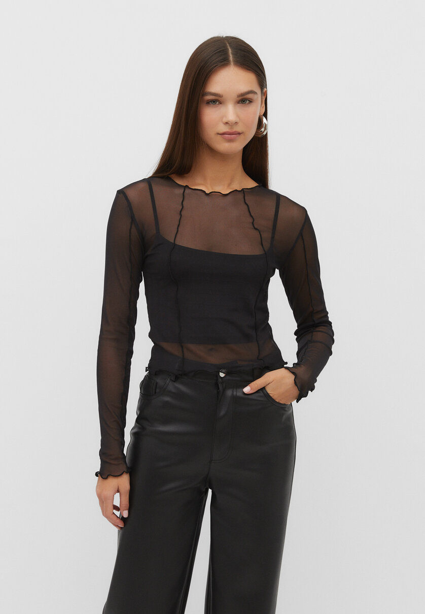 Tulle top with piping - Women's fashion | Stradivarius United States