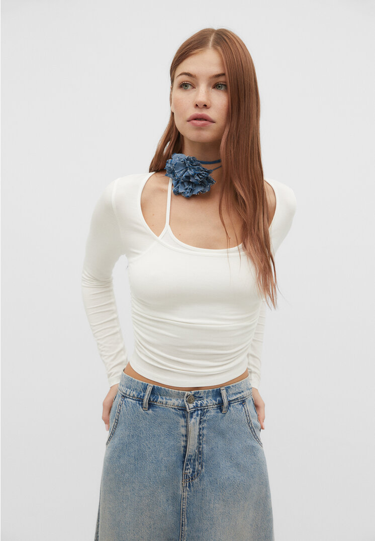 Stradivarius Doppellagiges T-Shirt Ecru M