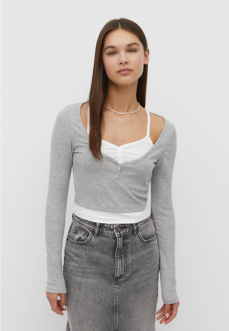 

Stradivarius Overlay-Shirt mit langen Ärmeln Grau Melange L