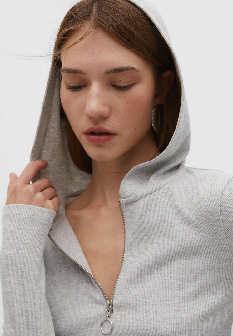 

Stradivarius Rippenstrick-Shirt mit Kapuze Grau Melange M