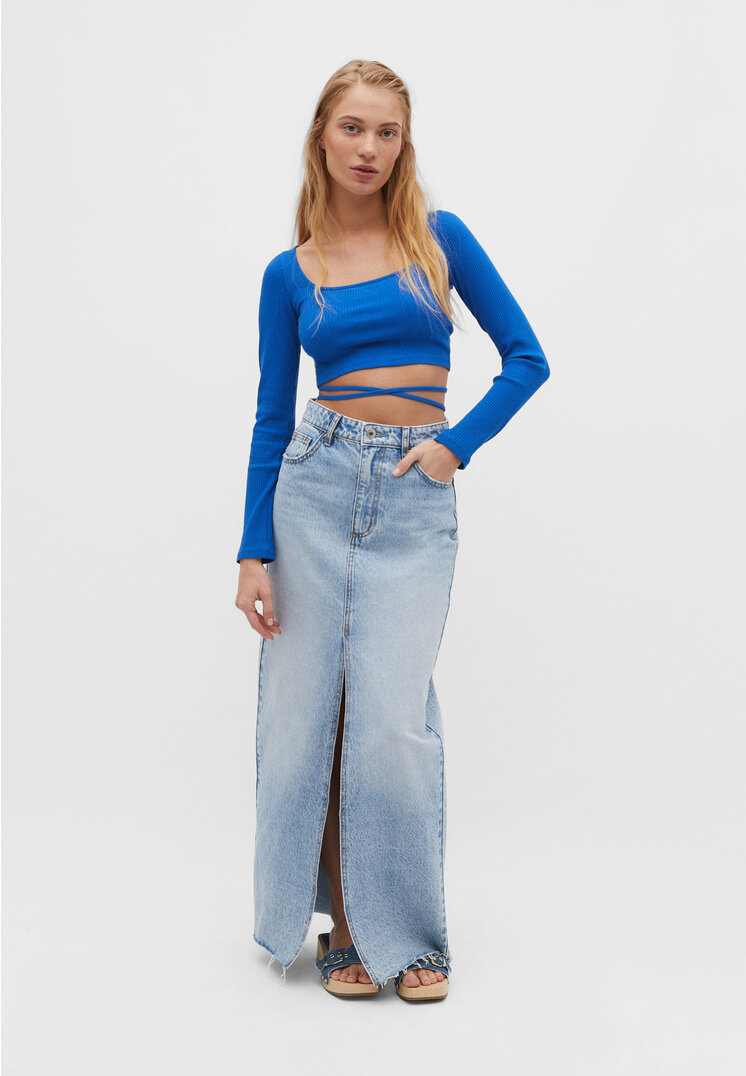 

Stradivarius Langärmeliges Cropped-Top mit Bändern am Rücken Elektrisch Blau XS