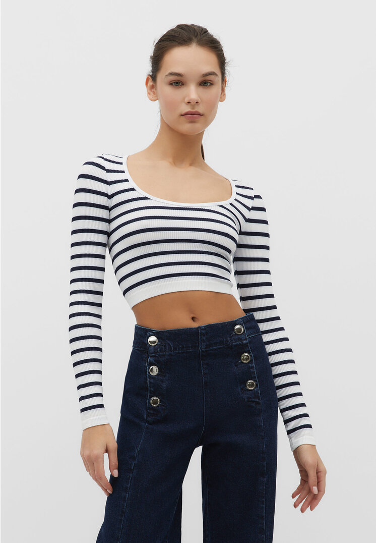 

Stradivarius Nahtloses Cropped-Top im Balletlook mit Streifen Marineblau XL