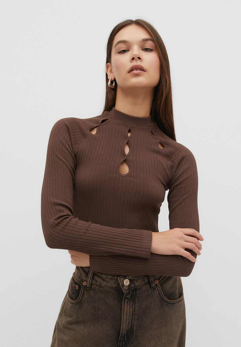 Seamless mock neck top with cut-outs