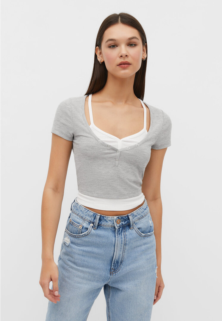 

Stradivarius Kurzärmeliges Overlay-T-Shirt Grau Melange XL