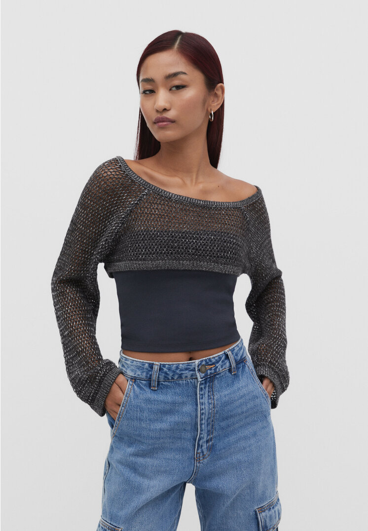 

Stradivarius Top basic z dekoltem bandeau Szary L