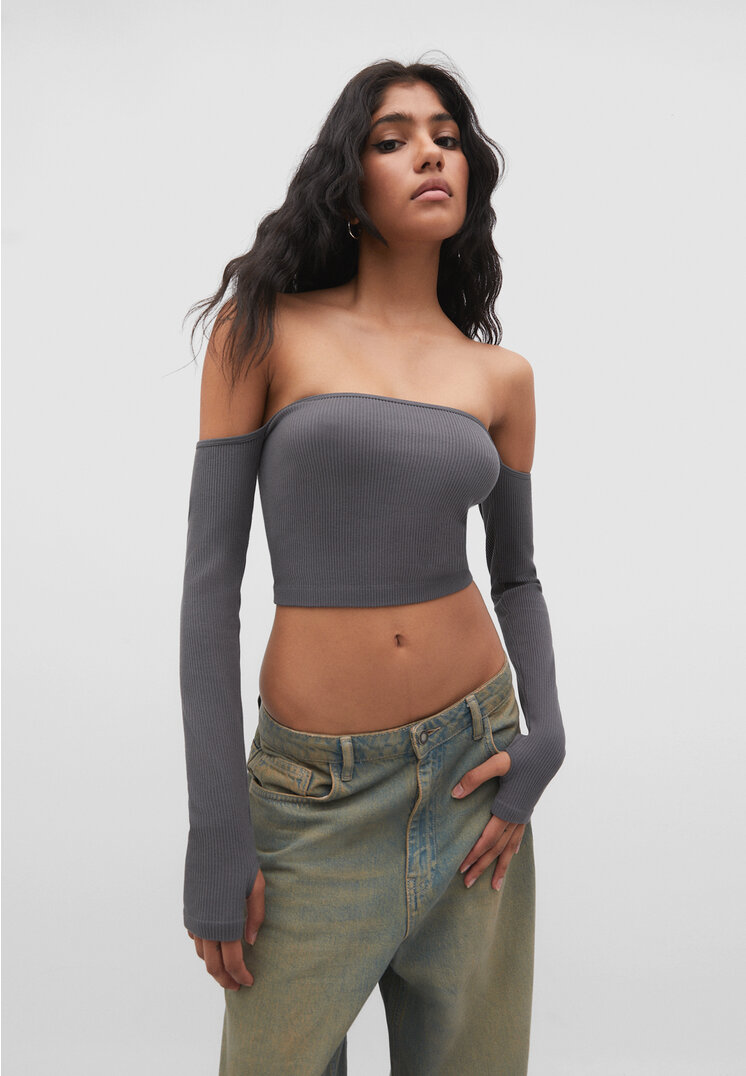 

Stradivarius Schulterfreies nahtloses Shirt Grau L