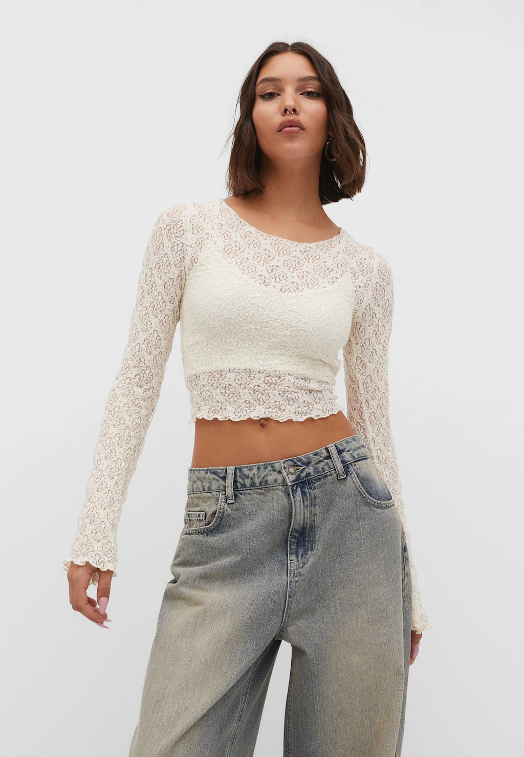 White Lace Crop Top With Ruffles Stradivarius in white  White lace crop  top, White ruffle blouse, Lace crop tops