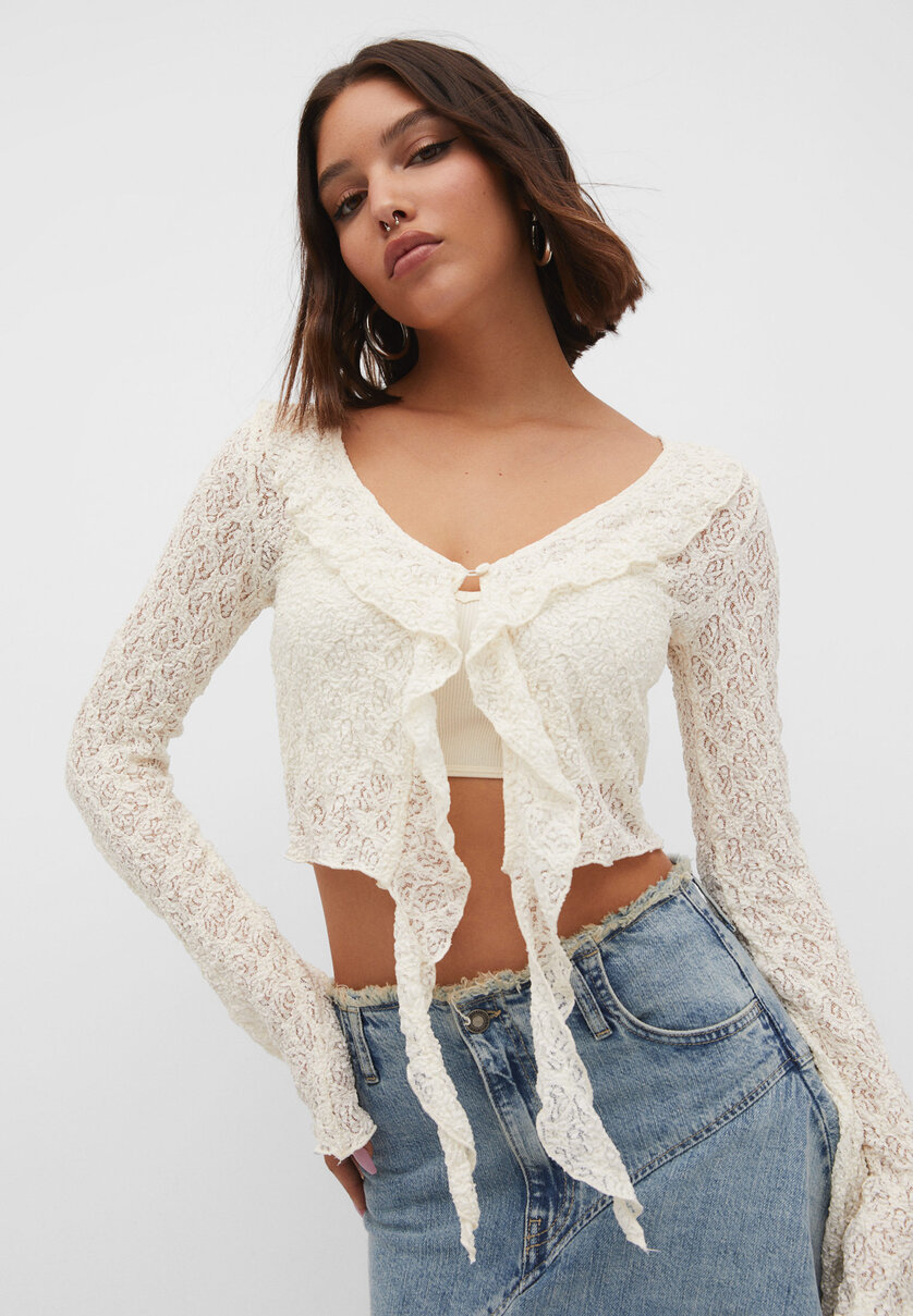 White lace crop top with ruffles