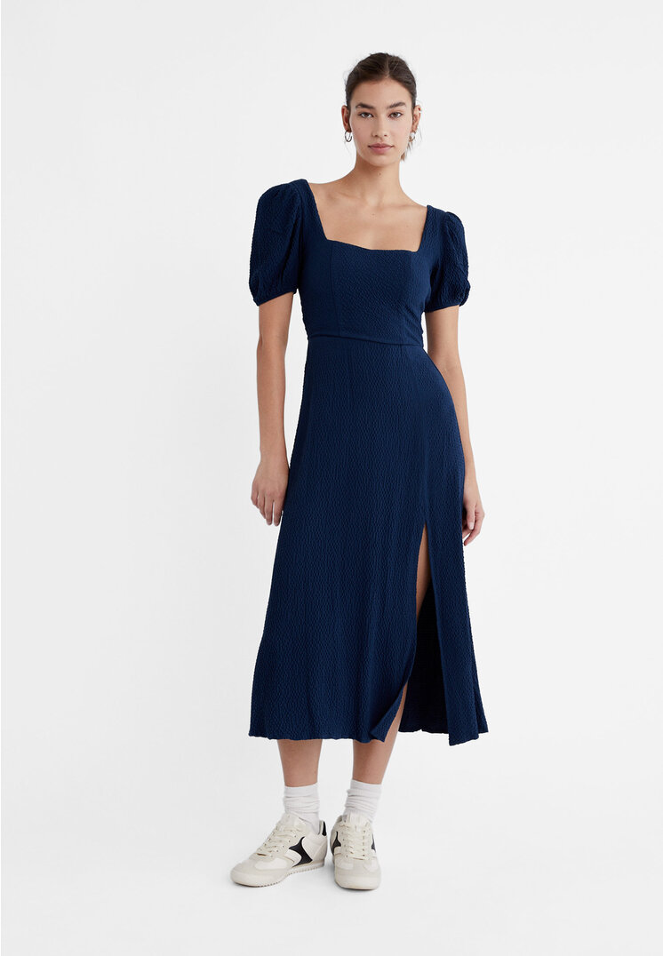 

Stradivarius Midikleid mit Schleife am Rücken Marineblau L