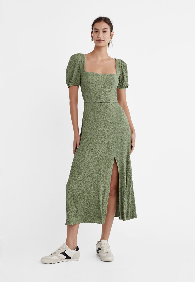 

Stradivarius Midikleid mit Schleife am Rücken Khaki M