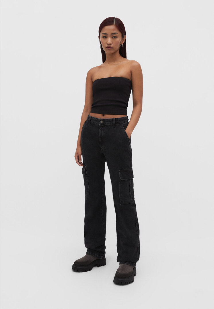 

Stradivarius Jeansy straight fit cargo Czarny denim 42