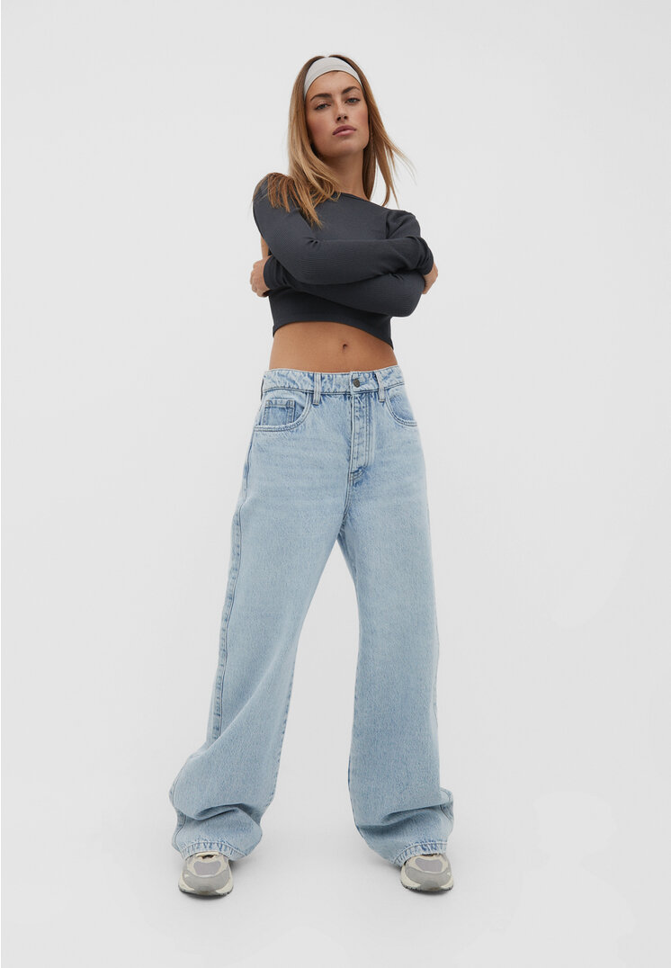 

Stradivarius Jeansy o kroju wide leg Niebieski denim 34