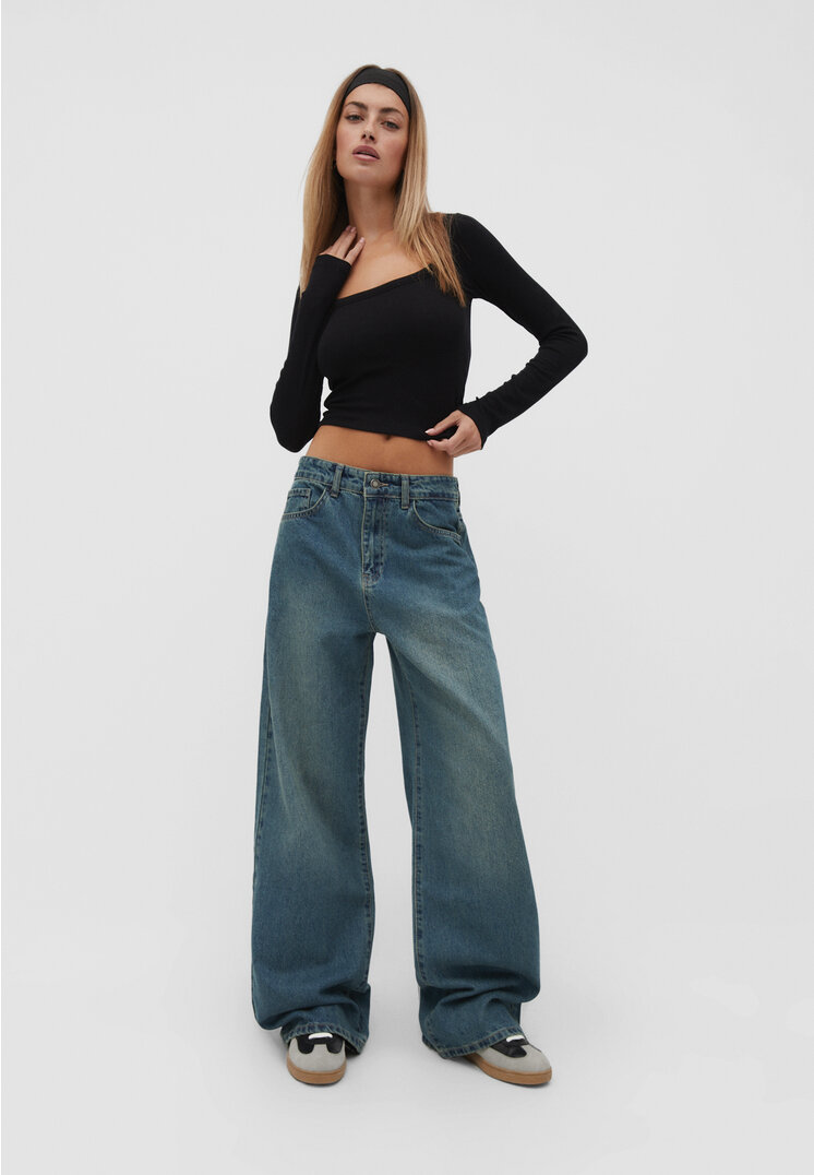 Stradivarius Wide-Leg-Jeans Dark Denim 34