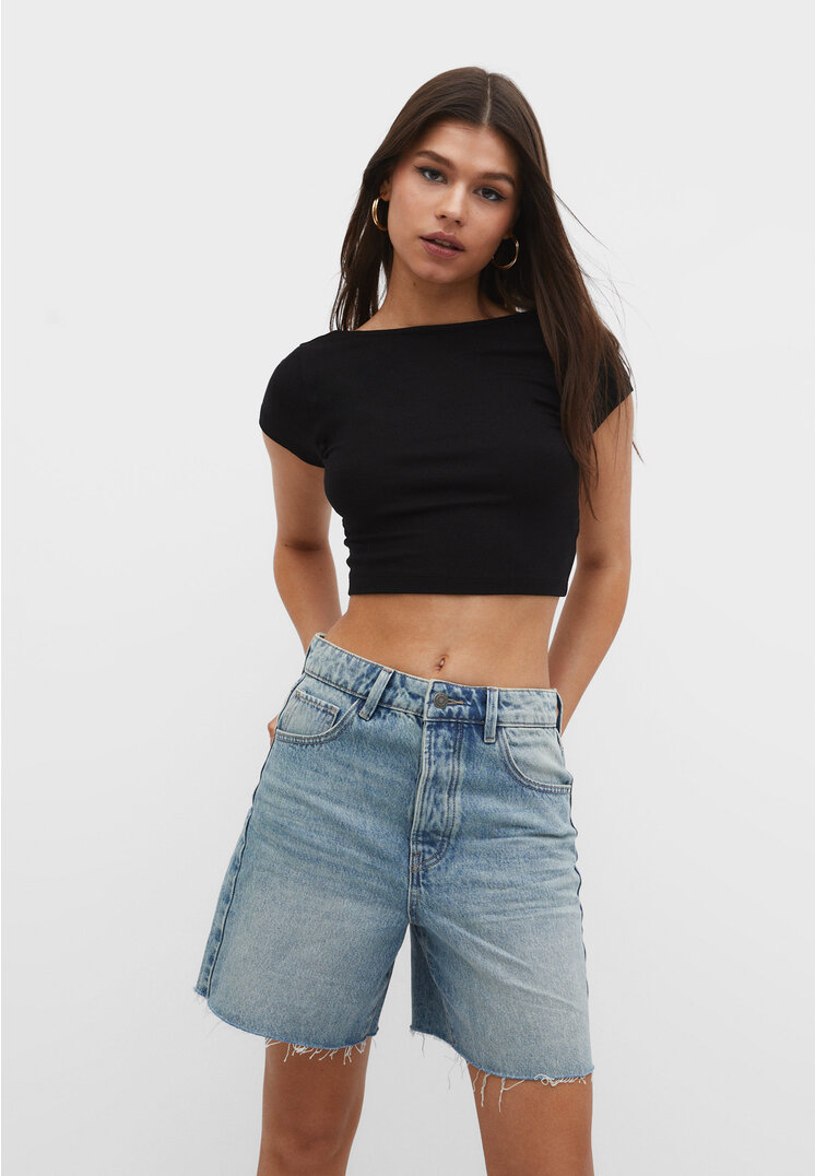 

Stradivarius Bermudy z niskim stanem Niebieski denim 40