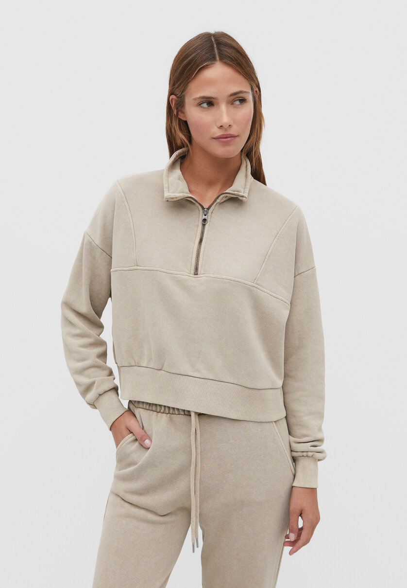 Faded-effect sweatshirt with zip-up collar