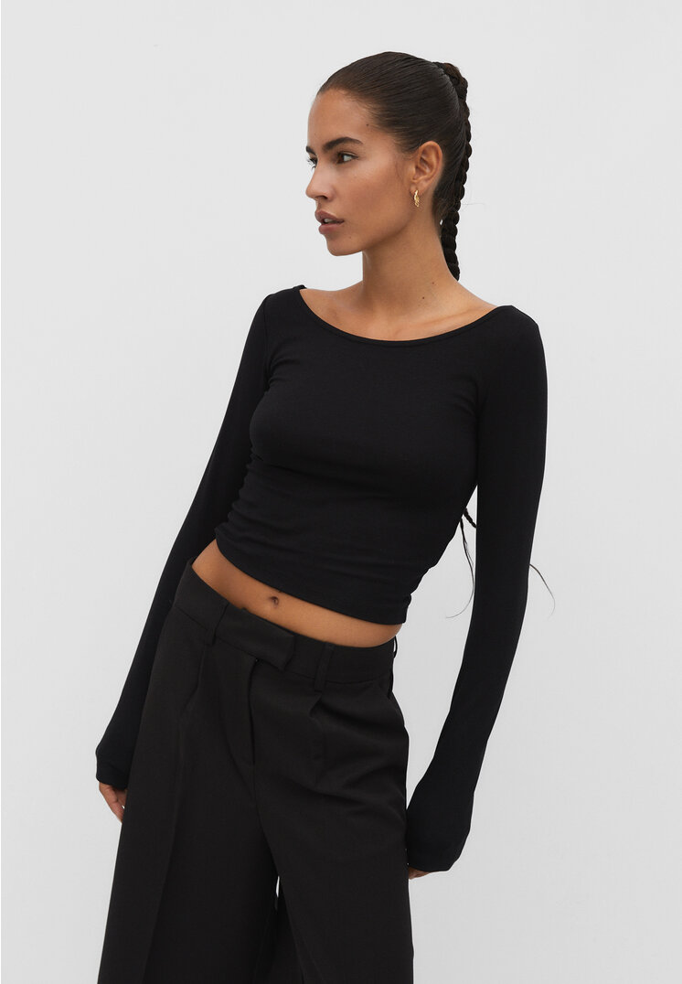 

Stradivarius Koszulka basic z dekoltem w łódkę Czarny XL