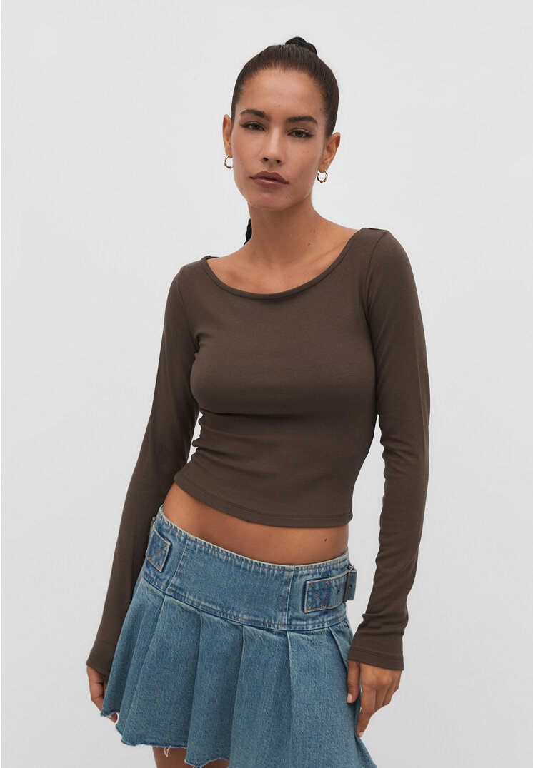 

Stradivarius Koszulka basic z dekoltem w łódkę Brązowy XS