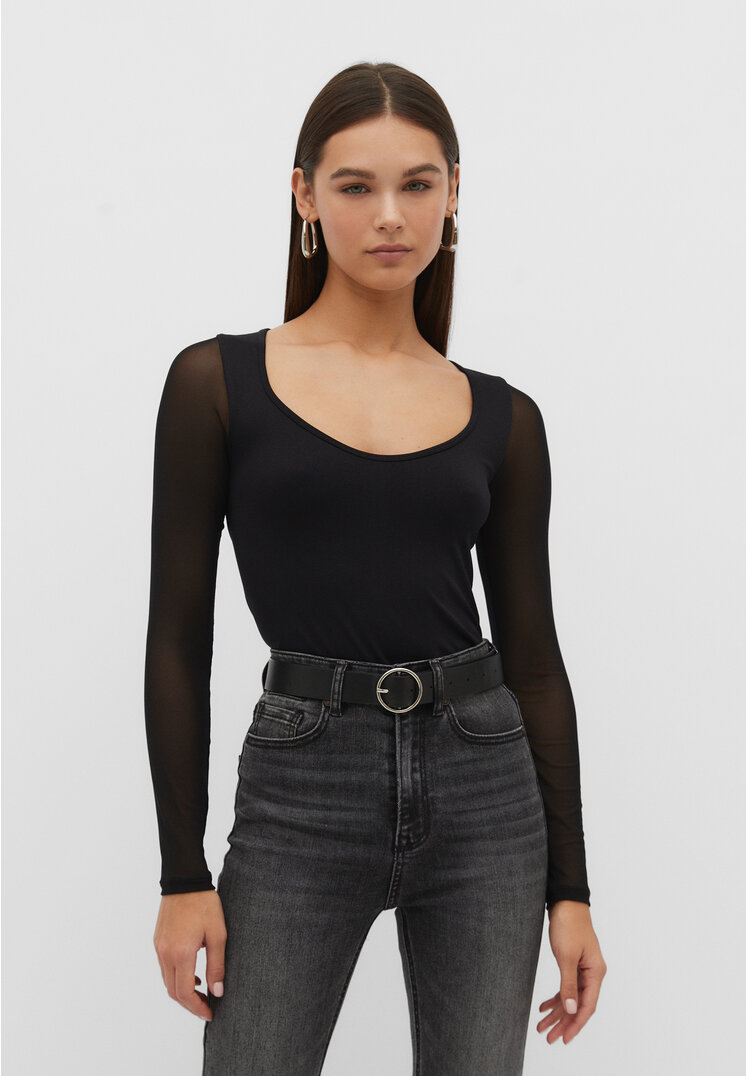 Stradivarius Body mit Tüll-Ärmeln Schwarz M