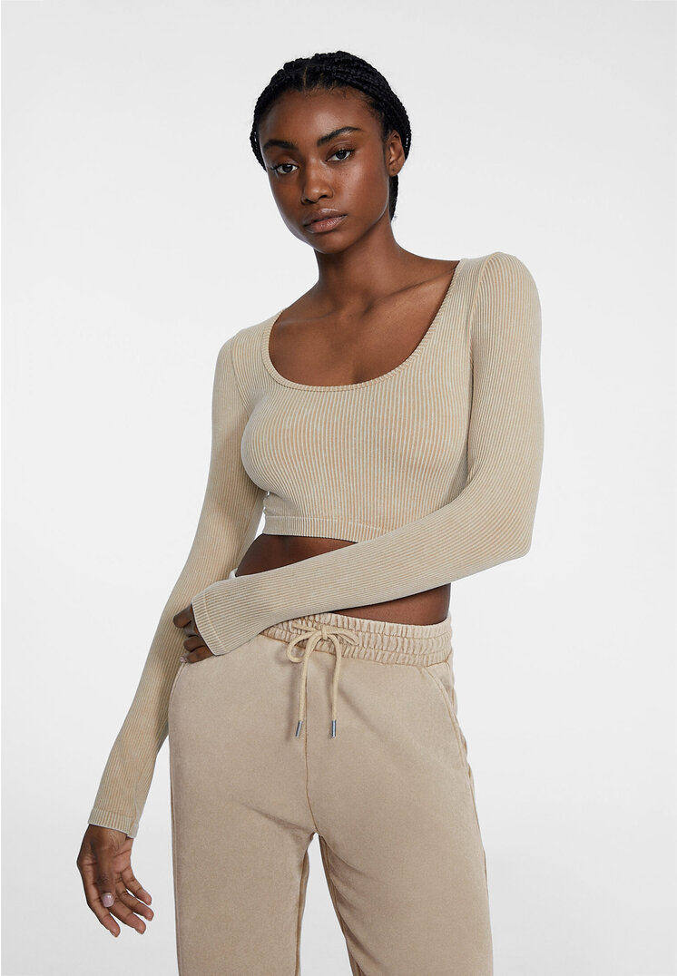

Stradivarius Nahtloses Cropped-Top im Washed-Look Steingrau XL
