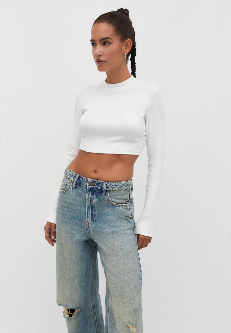 

Stradivarius Cropped-Shirt mit geripptem Stehkragen Ecru M