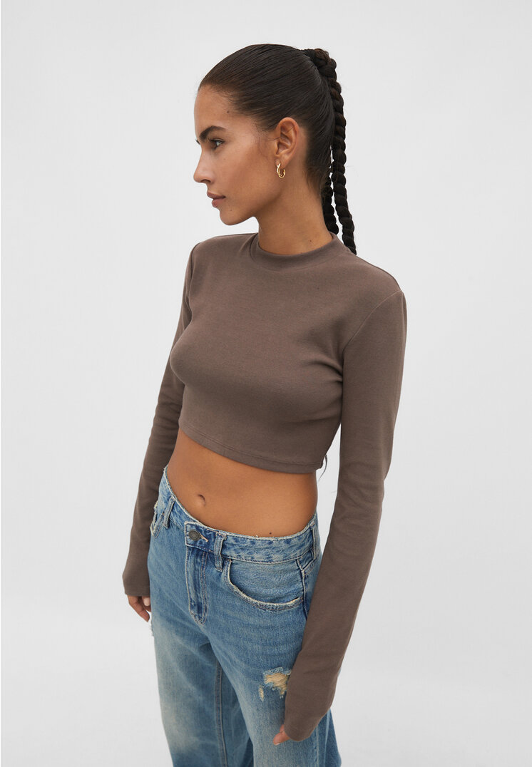 

Stradivarius Cropped-Shirt mit geripptem Stehkragen Braun L