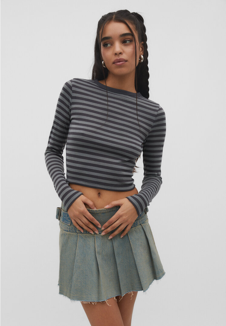 Stradivarius Langarmshirt mit Streifen Grau S