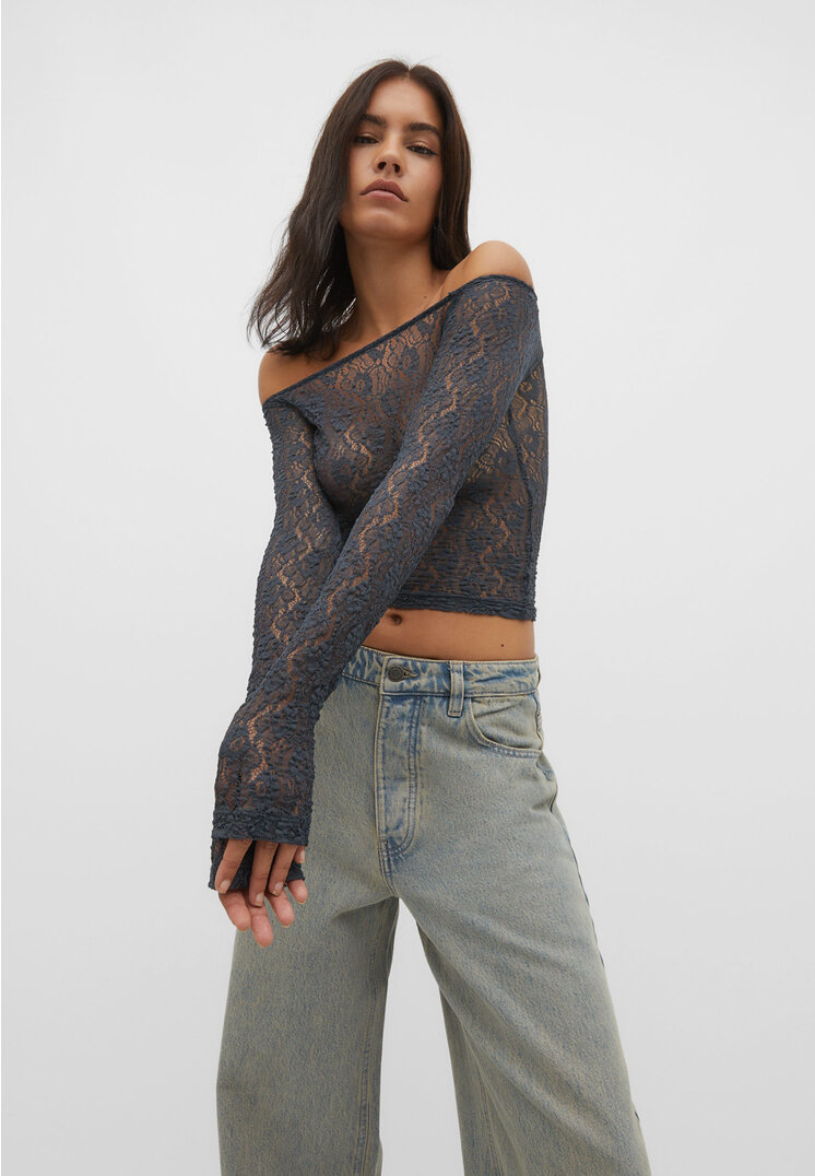 

Stradivarius Schulterfreies Lace-Shirt Grau XL