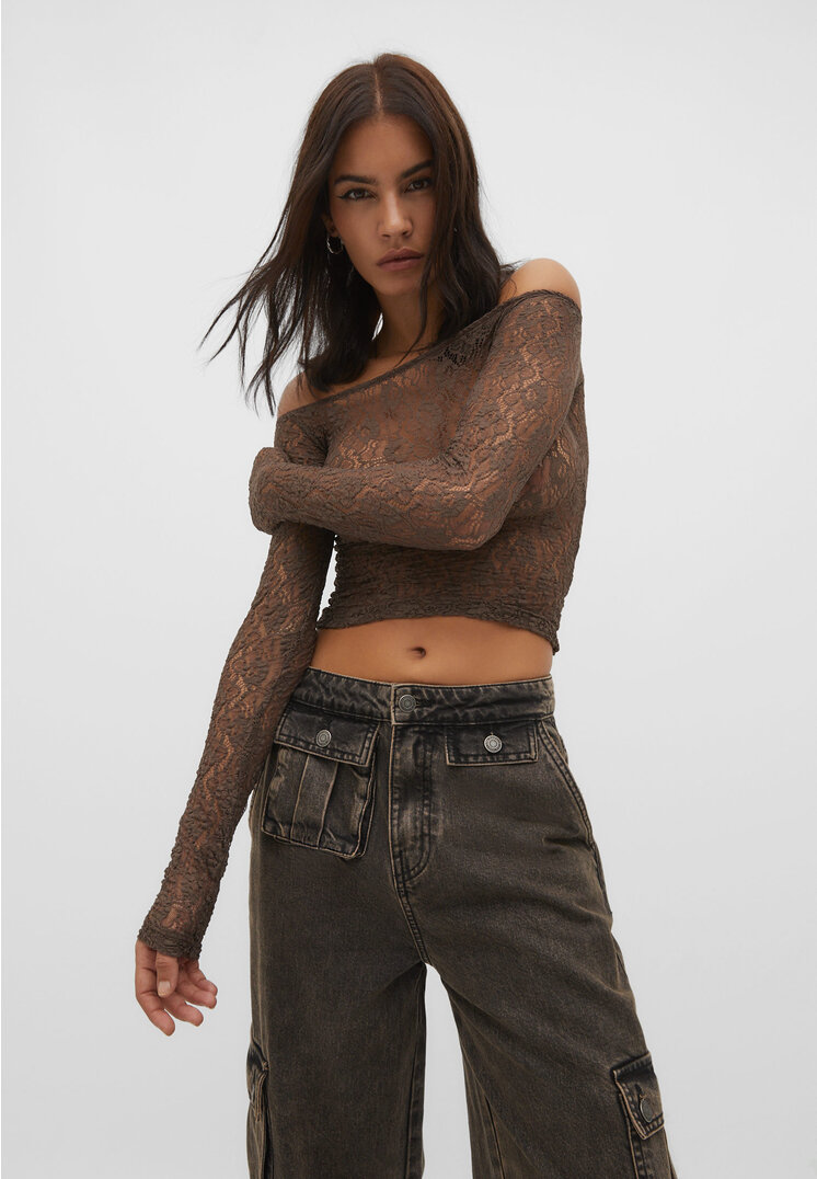 Stradivarius Schulterfreies Lace-Shirt Braun M