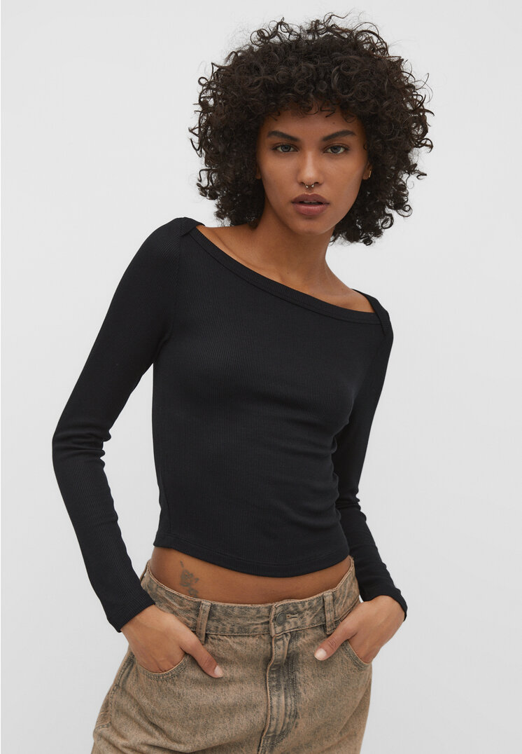 

Stradivarius Geripptes Shirt mit Bateau-Ausschnitt Schwarz L