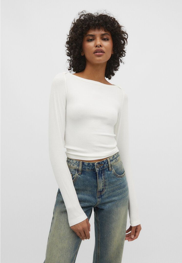 

Stradivarius Geripptes Shirt mit Bateau-Ausschnitt Ecru S