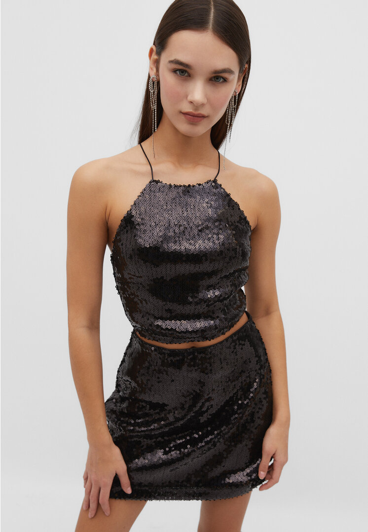 

Stradivarius Neckholder-Top mit Pailletten Schwarz L